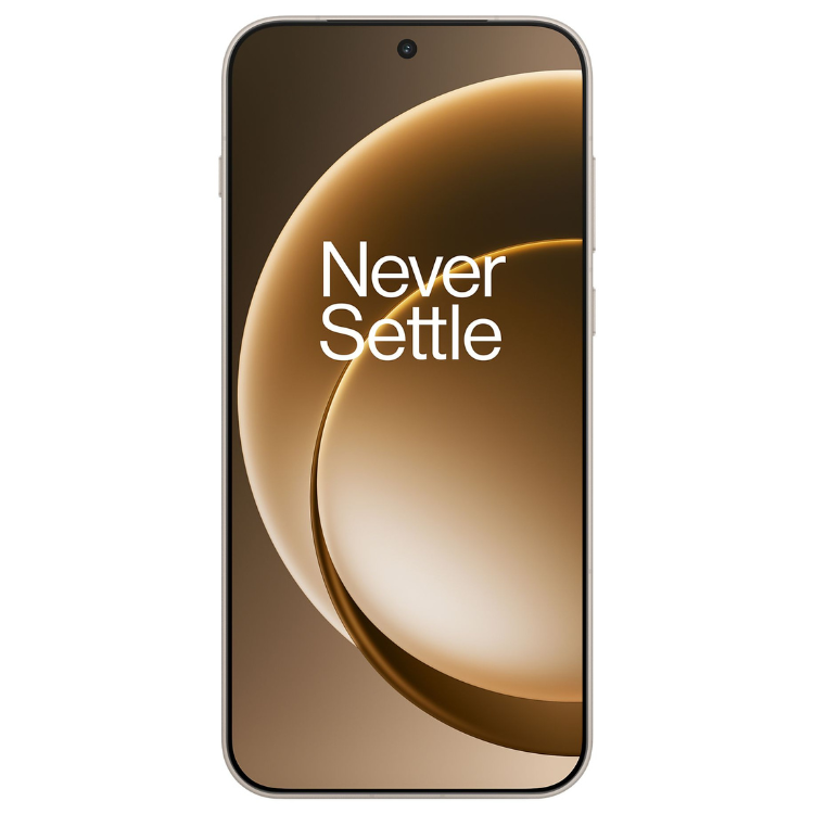 Smartphone OnePlus 15 5G, 16GB/512GB, Dual Sim, cor bege, ecrã ligado com o lema Never Settle.