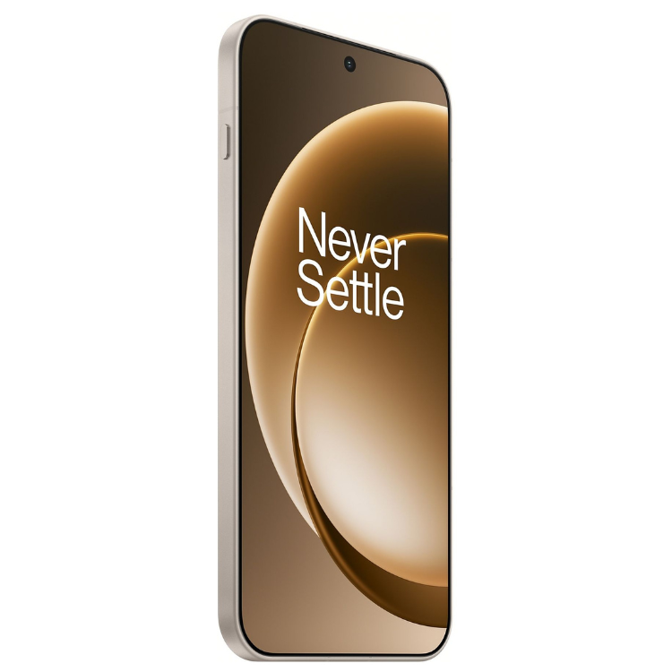 OnePlus 15 5G bege, smartphone com ecrã ligado, logótipo Never Settle visível.