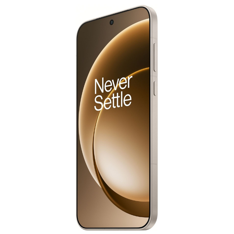 OnePlus 15 5G bege, smartphone com ecrã ligado, logótipo "Never Settle" visível.
