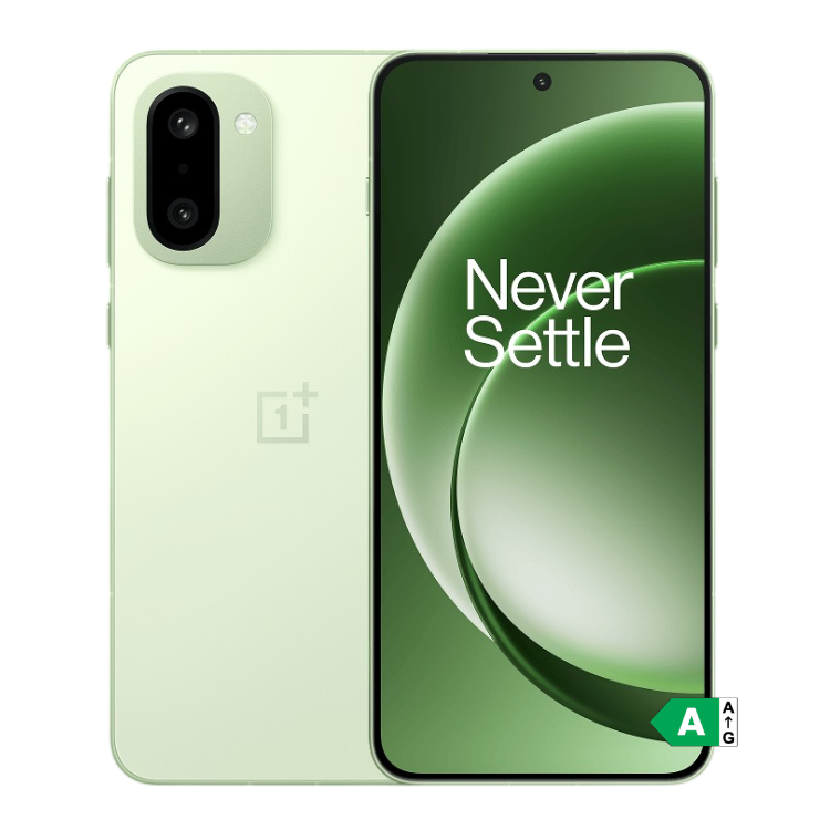 OnePlus 15R verde, smartphone com ecrã de 6.83 polegadas e câmara dupla, logotipo OnePlus no verso.