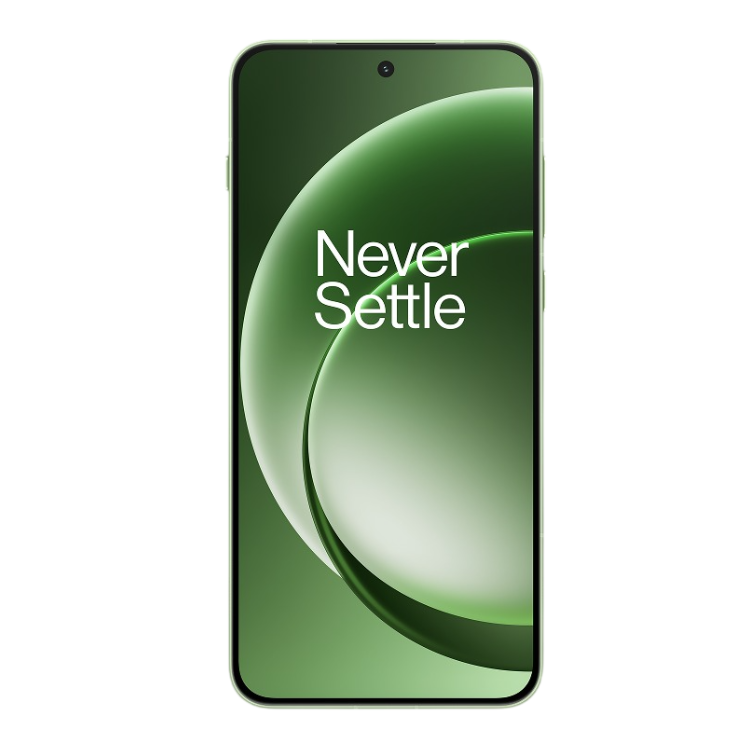 Smartphone OnePlus 15R verde com ecrã de 6.83 polegadas e texto "Never Settle"