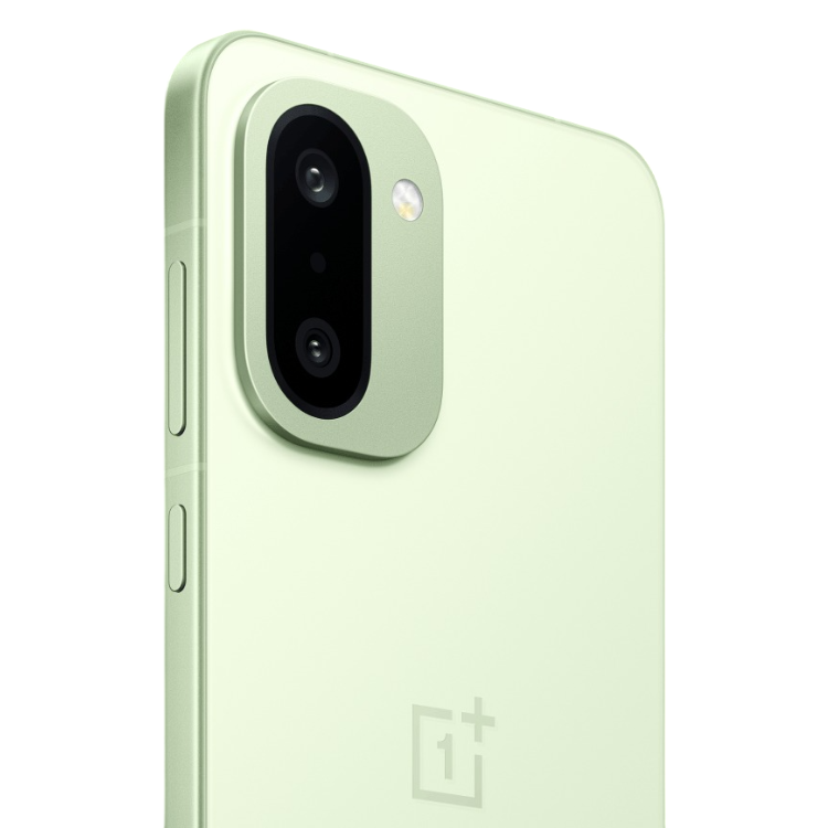 OnePlus 15R verde, smartphone com câmara dupla e logotipo +1 na parte de trás.