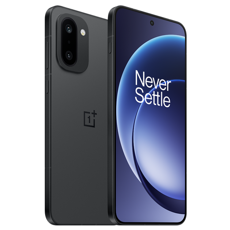 OnePlus 15R 5G preto, 12GB/256GB, Dual Sim, ecrã ligado com o lema Never Settle.