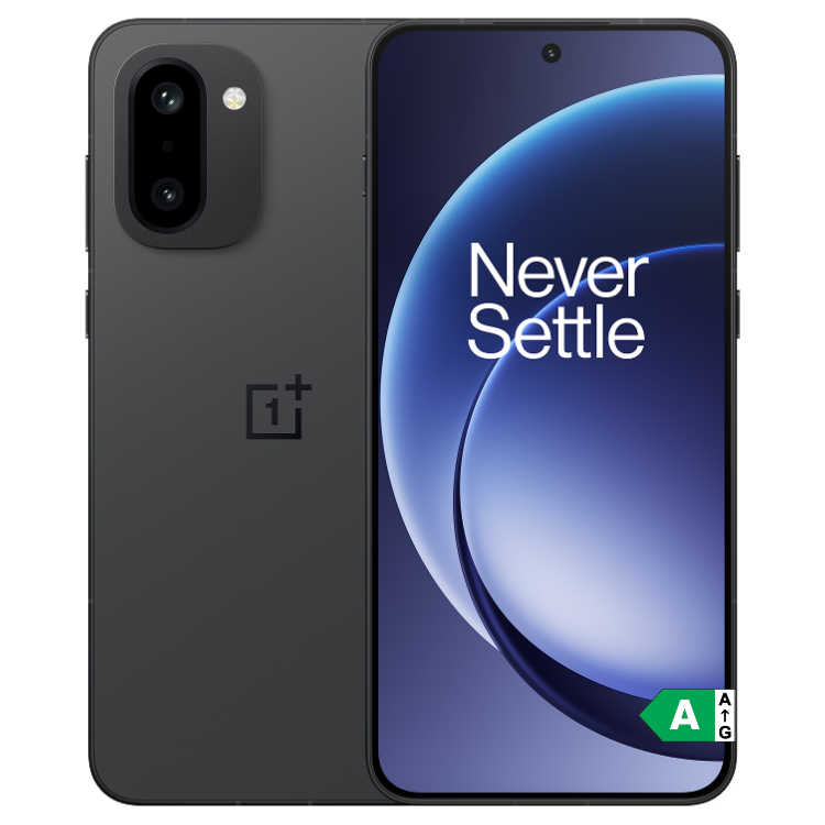 OnePlus 15R 5G preto, 12GB/256GB, Dual Sim, ecrã ligado com o slogan Never Settle.