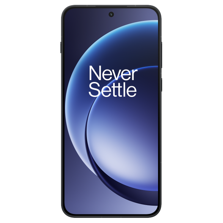 OnePlus 15R 5G preto, ecrã com o slogan Never Settle.