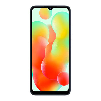 Smartphone Xiaomi Redmi 12C cinzento com ecrã de 6.71 polegadas e imagem colorida de bolhas.