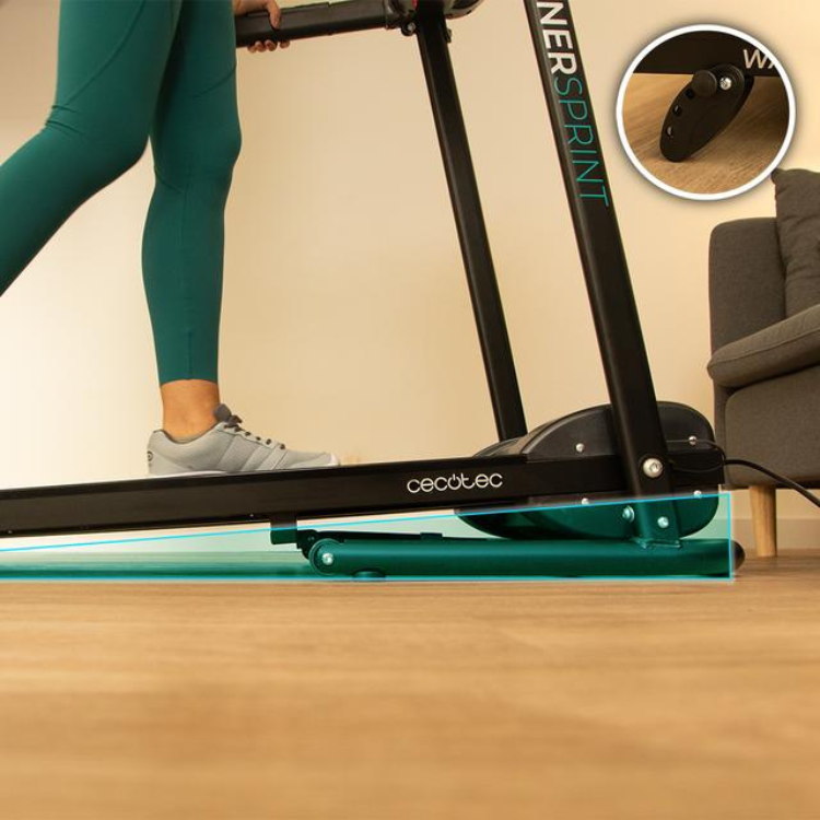 Cecotec DrumFit WayHome 1000 Runner Sprint treadmill, black and teal, with person in green leggings.