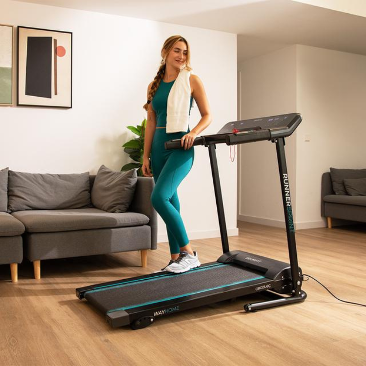 Black Cecotec DrumFit WayHome 1000 Runner Sprint treadmill with teal accents.