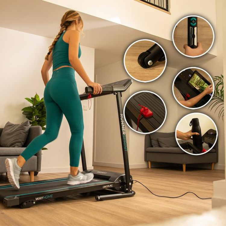 Cecotec DrumFit WayHome 1000 Runner Sprint treadmill, woman in teal workout gear using it, with inset product details.