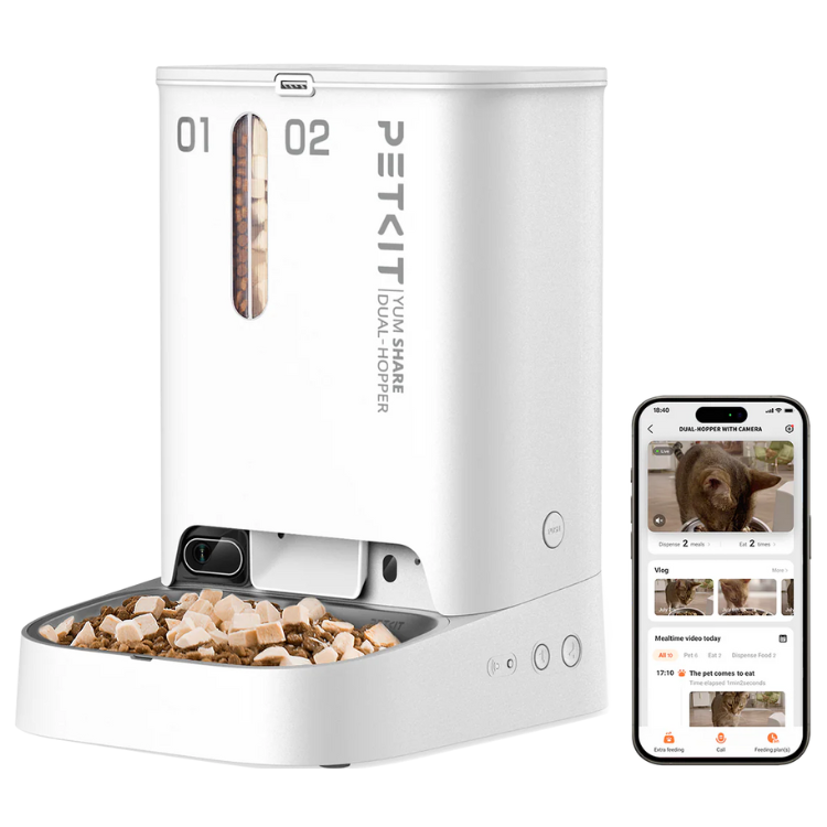 White Petkit YumShare dual hopper pet food dispenser with smartphone app.