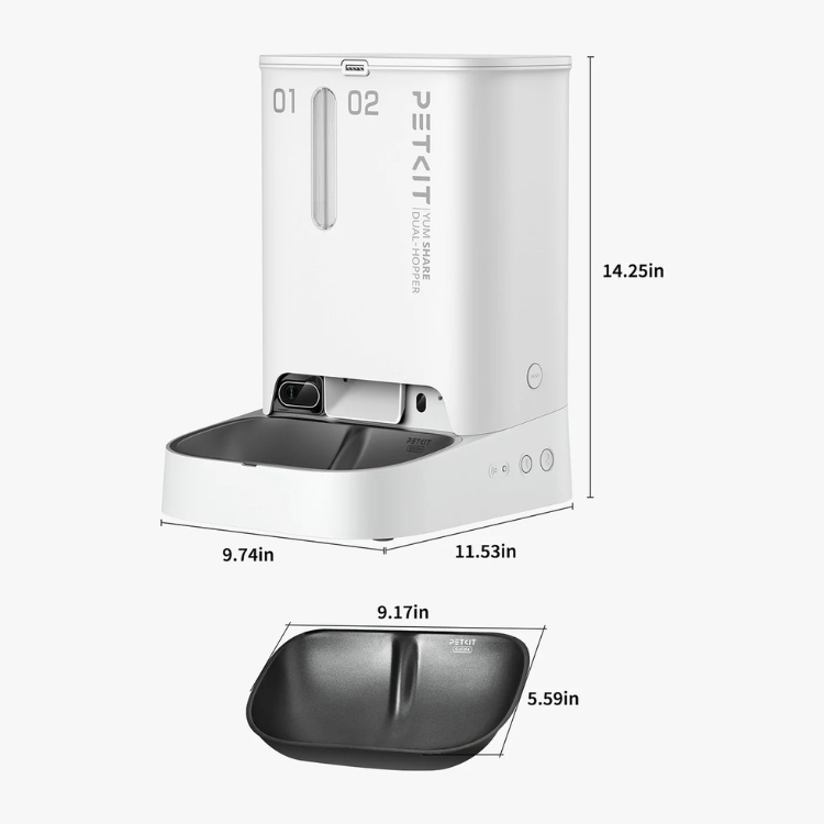 White Petkit YumShare dual hopper pet food dispenser with black tray, 14.25in tall, 9.74in wide, 11.53in deep.