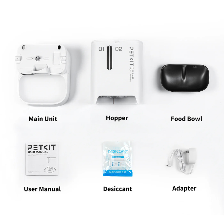 White Petkit YumShare dual hopper with black food bowl, components.