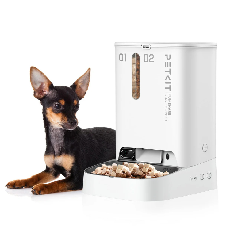 Petkit YumShare Dual Hopper, white automatic pet feeder with dog.