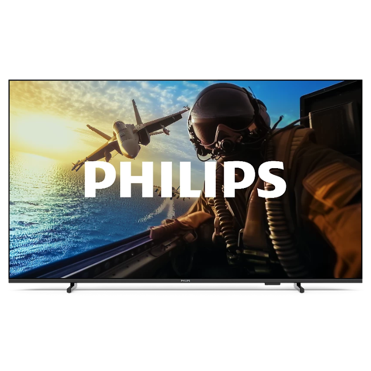 Televisão Philips 43PUS7000 Smart TV 4K LED 43" preta com imagem de ecrã de um piloto de aviação.