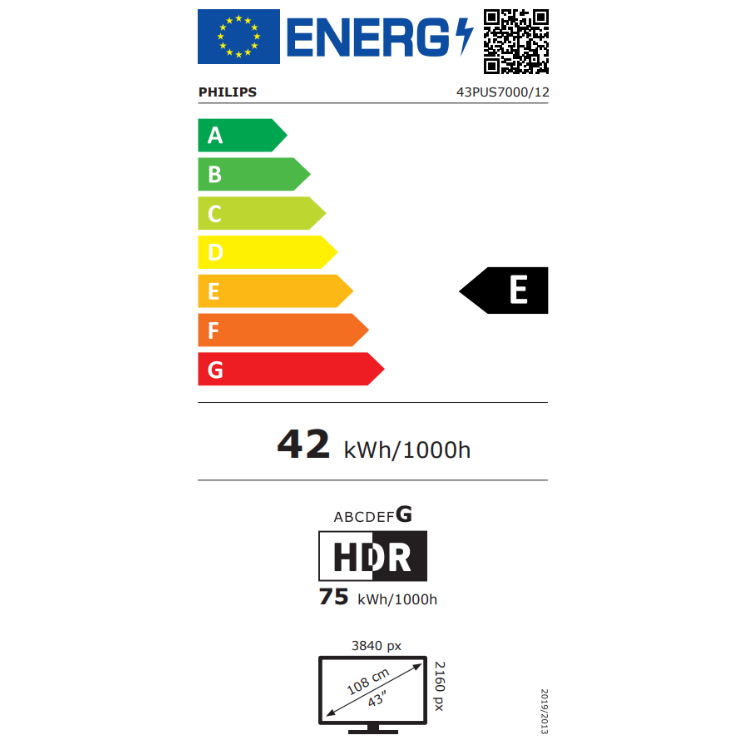 Etiqueta energética Philips 43PUS7000, eficiência E, 42 kWh/1000h.