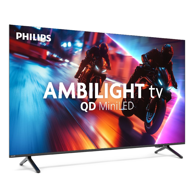 Televisão Philips 55MLED920 Smart TV 4K QD Mini-LED Ambilight 55" preta com imagem de motos em ecrã colorido.