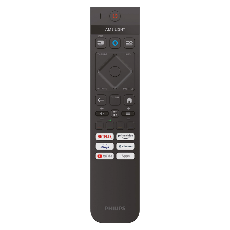 Controlo remoto preto da Philips com diversos botões e logótipos de serviços de streaming.