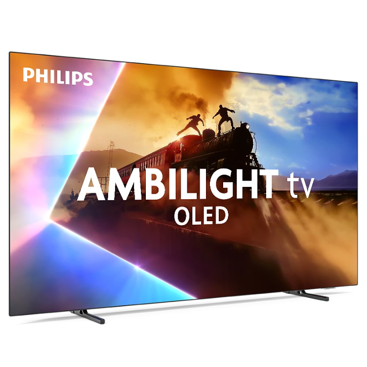 Televisão Philips 65OLED770 Smart TV 4K OLED Ambilight 65” com imagem de trem em chamas e pessoas a saltar.
