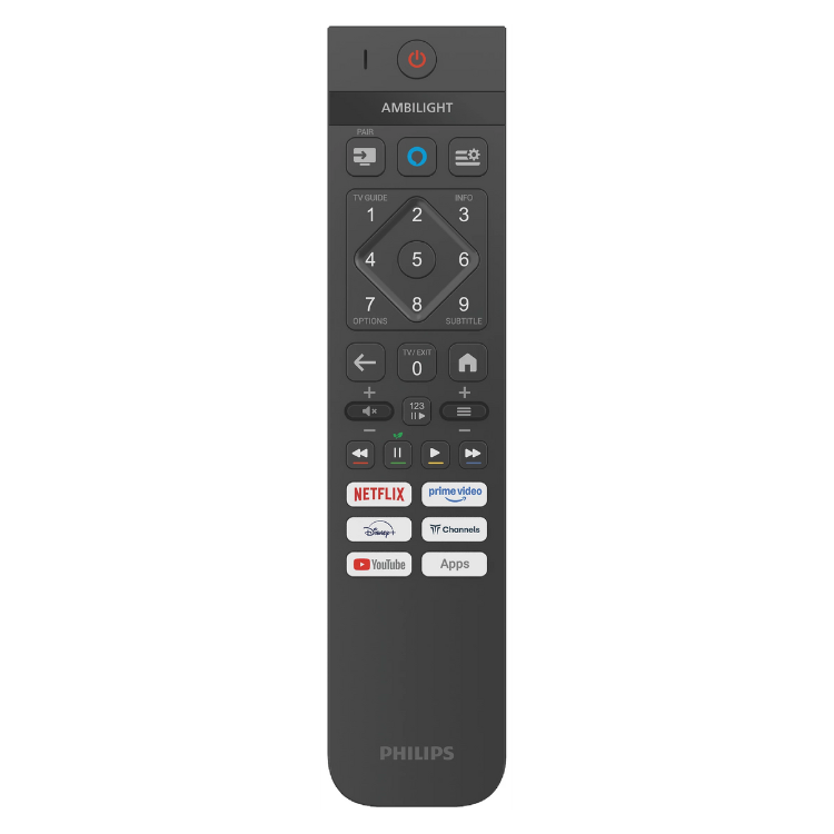 Controlo remoto preto da Philips com botões numerados e logótipos de serviços de streaming.