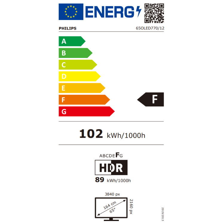 Etiqueta energética da TV Philips 65OLED770, eficiência F, 102 kWh/1000h.