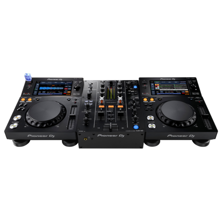 Pioneer DJ DJM-450 2-channel mixer controller, black, with jog wheels and control panel.