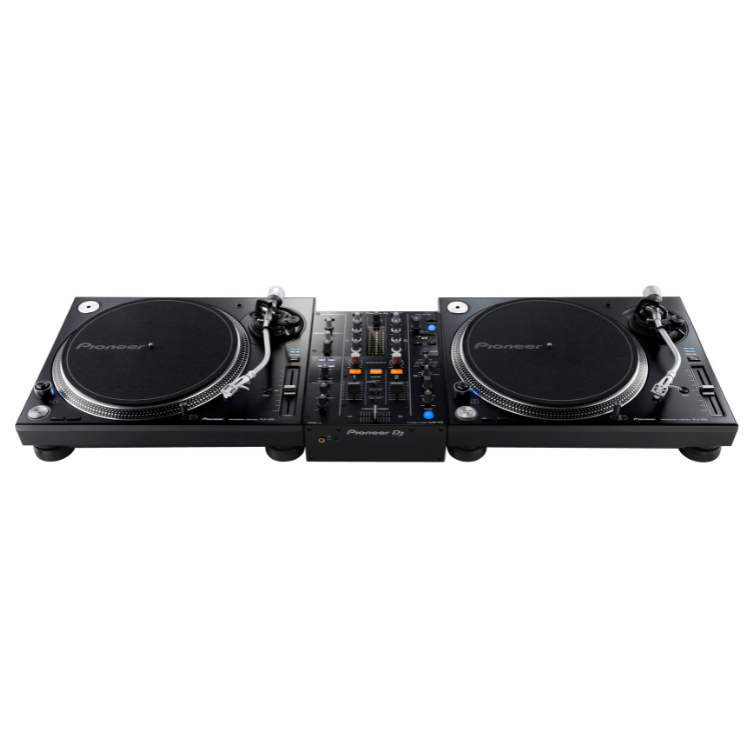 Black Pioneer DJM-450 2-channel DJ controller with turntables and mixer controls.
