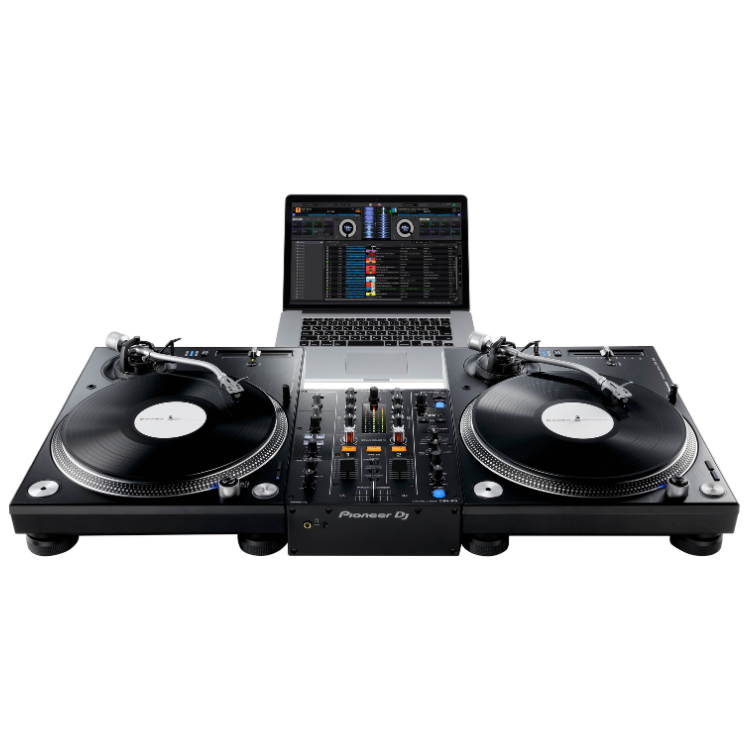 Black Pioneer DJ DJM-450 2-channel mixer with laptop and two turntables on white background.