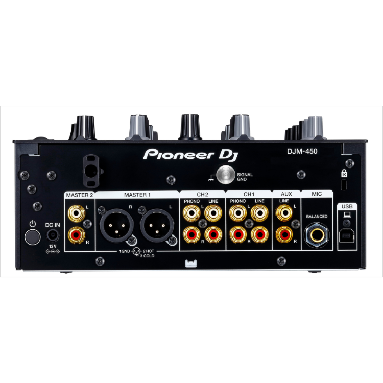 Pioneer DJ DJM-450 2-channel mixer back panel, black, with various ports and knobs.