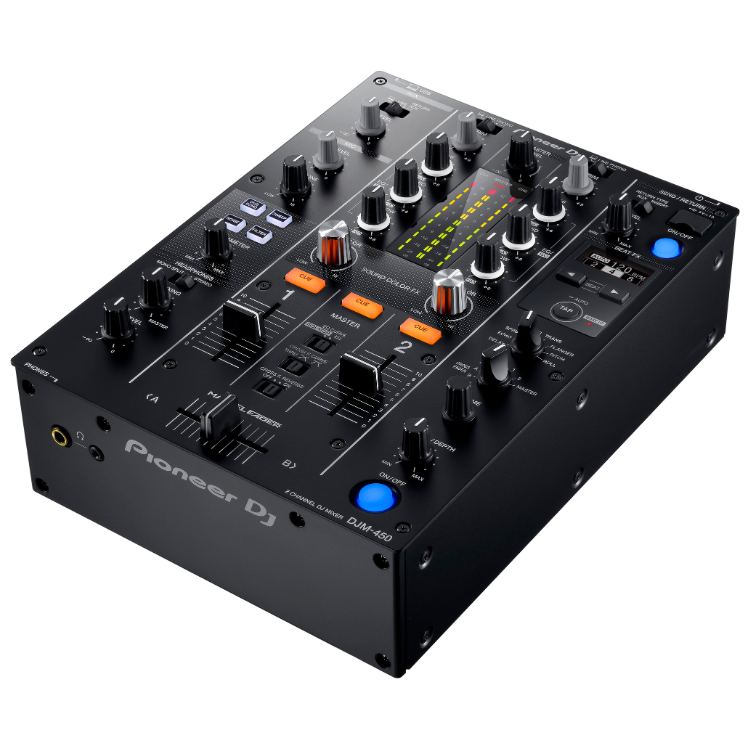 Black Pioneer DJ DJM-450 2-channel mixer with knobs, buttons, and blue and orange accents.
