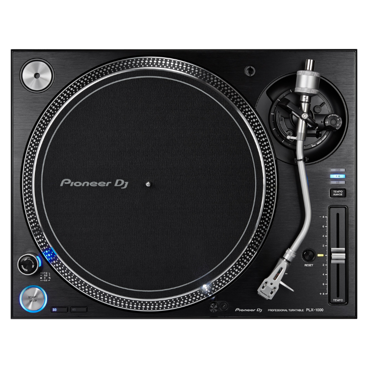 Black Pioneer DJ PLX-1000 turntable with silver accents and controls.