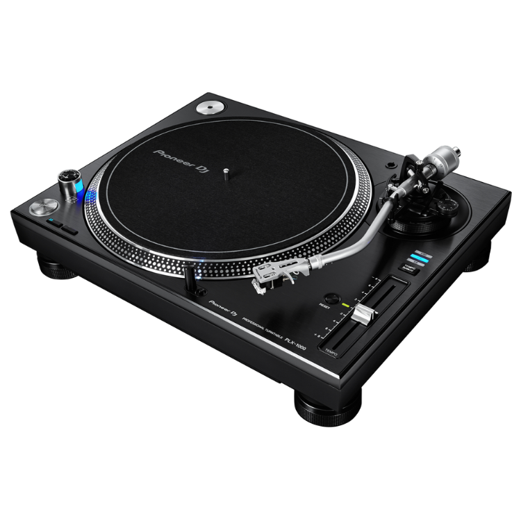 Black Pioneer DJ PLX-1000 turntable with silver accents and blue lights.