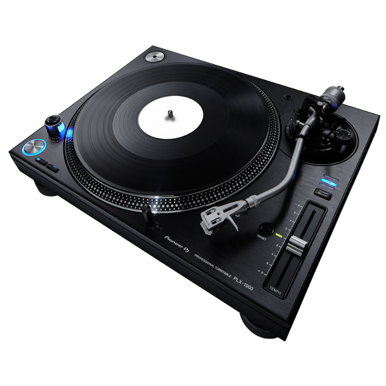 Black Pioneer DJ PLX-1000 turntable with vinyl record, silver tonearm, blue accents, and control buttons.