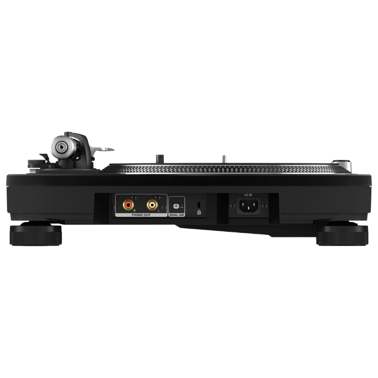 Black Pioneer DJ PLX-1000 turntable rear view, ports and inputs visible.