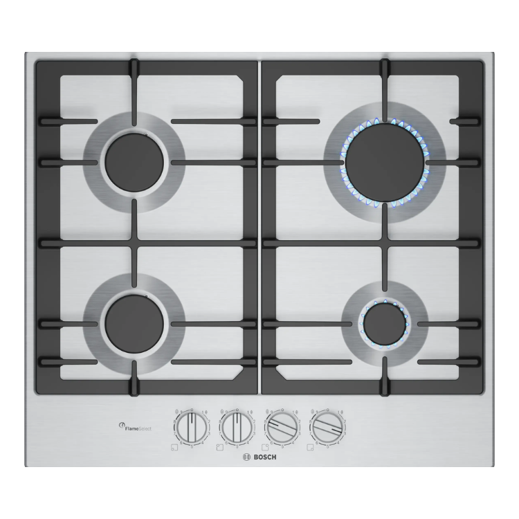 Placa de gás Bosch Serie 6, 4 zonas, inox, com controle preciso e queimadores acesos.