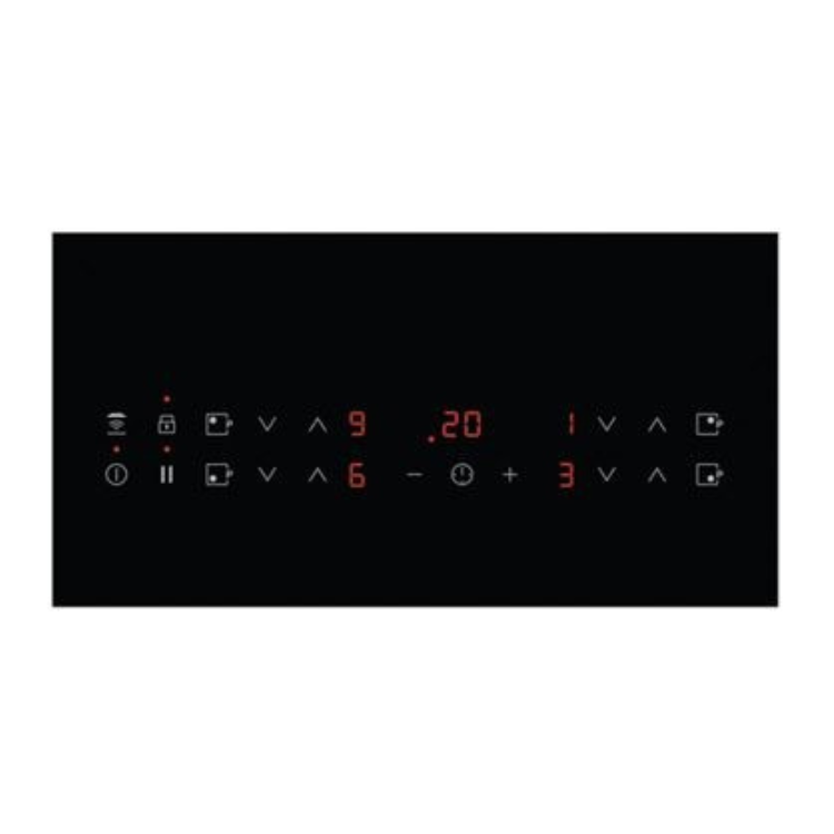 AEG induction hob control panel with red digital display and white symbols on black background.