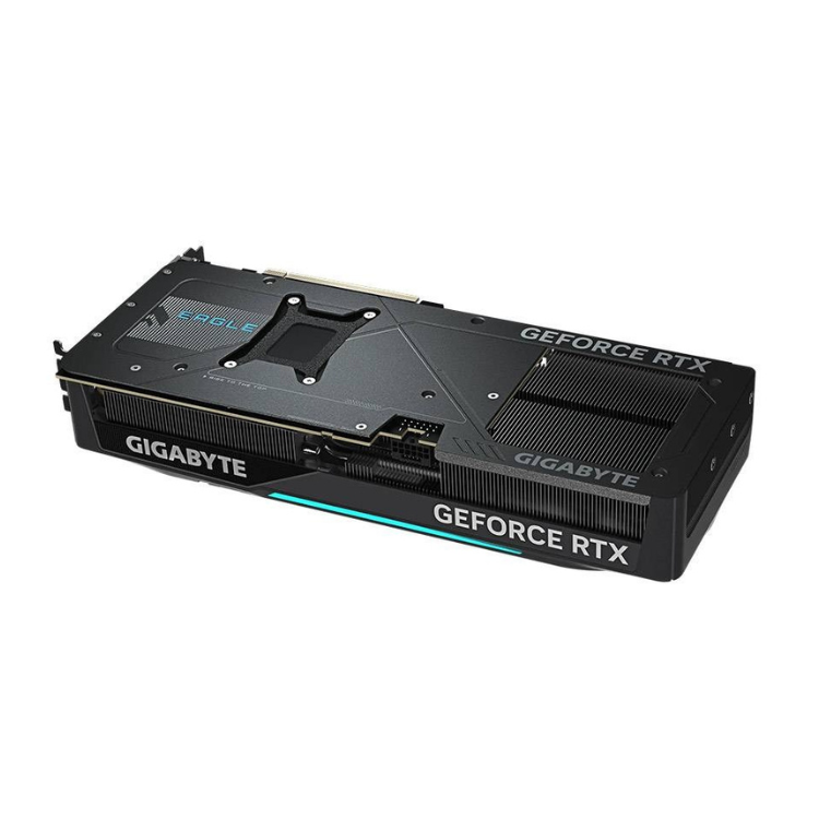 Black Gigabyte GeForce RTX graphics card with blue accents, Windforce Max OC 16GB GDDR7.