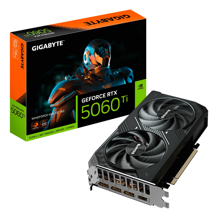 GIGABYTE GeForce RTX 5060 Ti graphics card, black, dual fans, 16GB GDDR7, box in background.