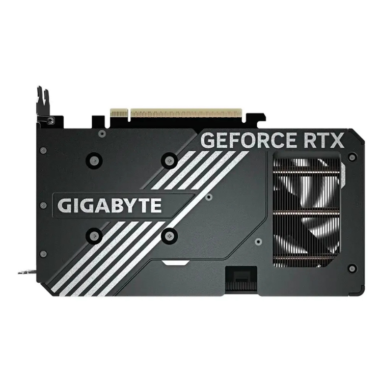 Black Gigabyte GeForce RTX graphics card with silver stripes and dual fans.