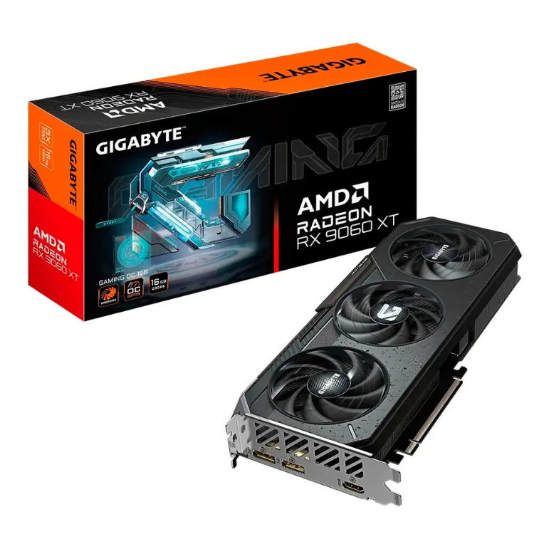 Gigabyte AMD Radeon RX 9060 XT Gaming OC 16GB GDDR6 graphics card with box.