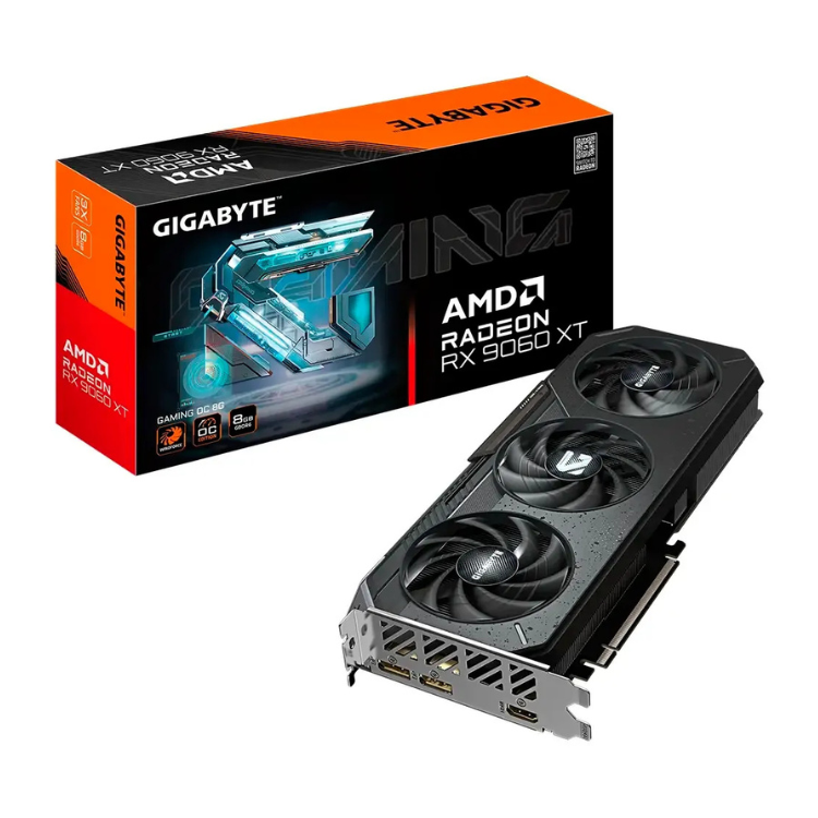 Gigabyte AMD Radeon RX 9060 XT Gaming OC 8GB GDDR6 graphics card with box.