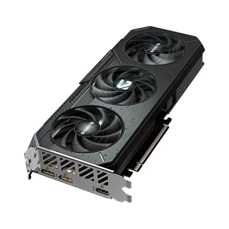 Gigabyte RX 9060XT OC GAMING 8GB GDDR6 graphics card, black, triple-fan cooling, silver bracket with ports.
