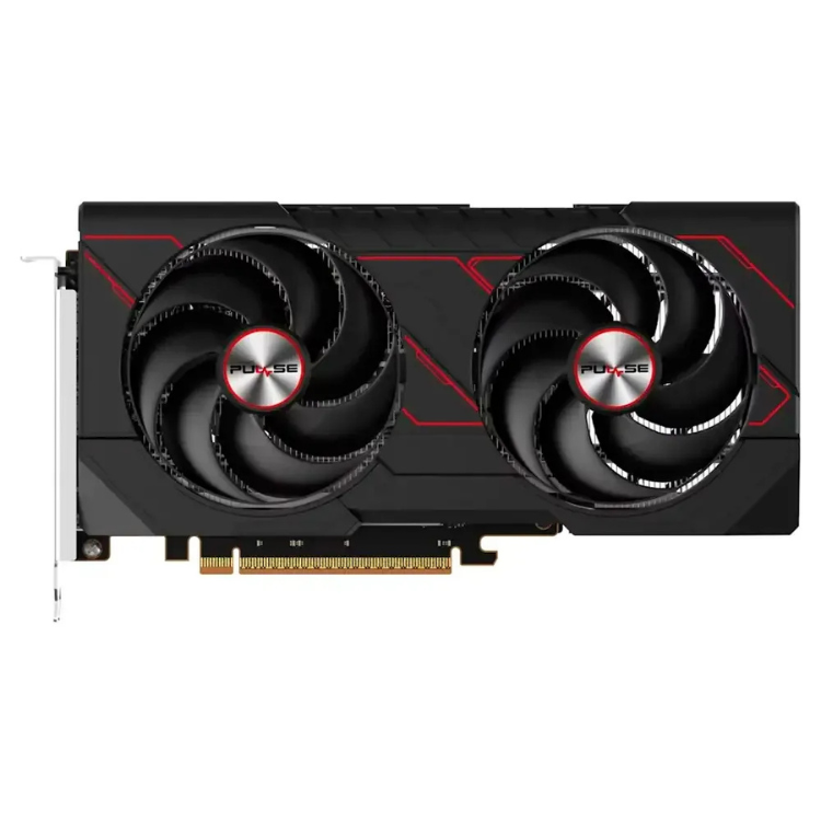 Sapphire Pulse AMD Radeon RX 9600 XT graphics card, black with red accents and two fans.