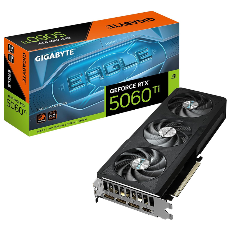 Gigabyte GeForce RTX 5060TI Eagle Max OC 8GB GDDR7 graphics card, black, triple fan, with box.