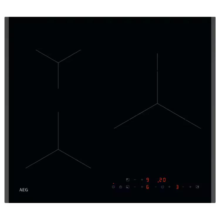 Black AEG induction cooktop, 3 zones, digital display, red numbers.