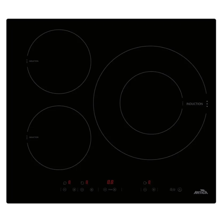 Black induction cooktop, 3 zones, Artica brand, red digital display and controls.