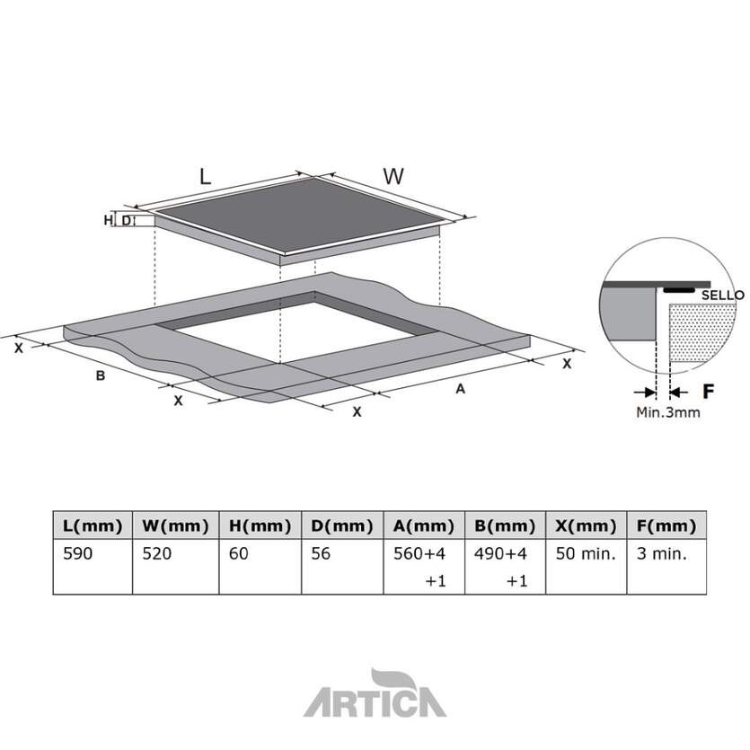 Artica induction hob, 3 zones, 7400W, 60cm, technical drawing with dimensions.