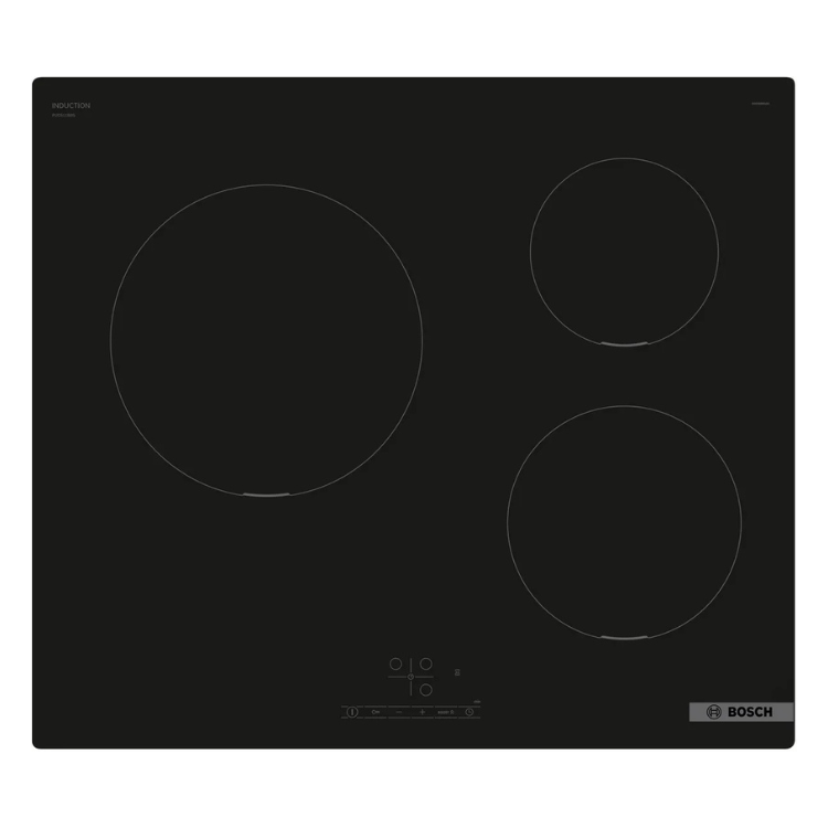 Black Bosch induction cooktop, 3 zones, 60cm, Serie 4 PUC611BB5E.