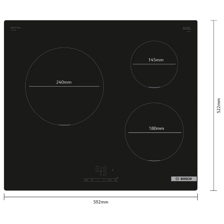 Black Bosch induction cooktop, 3 zones, 592mm x 522mm, control panel at bottom.