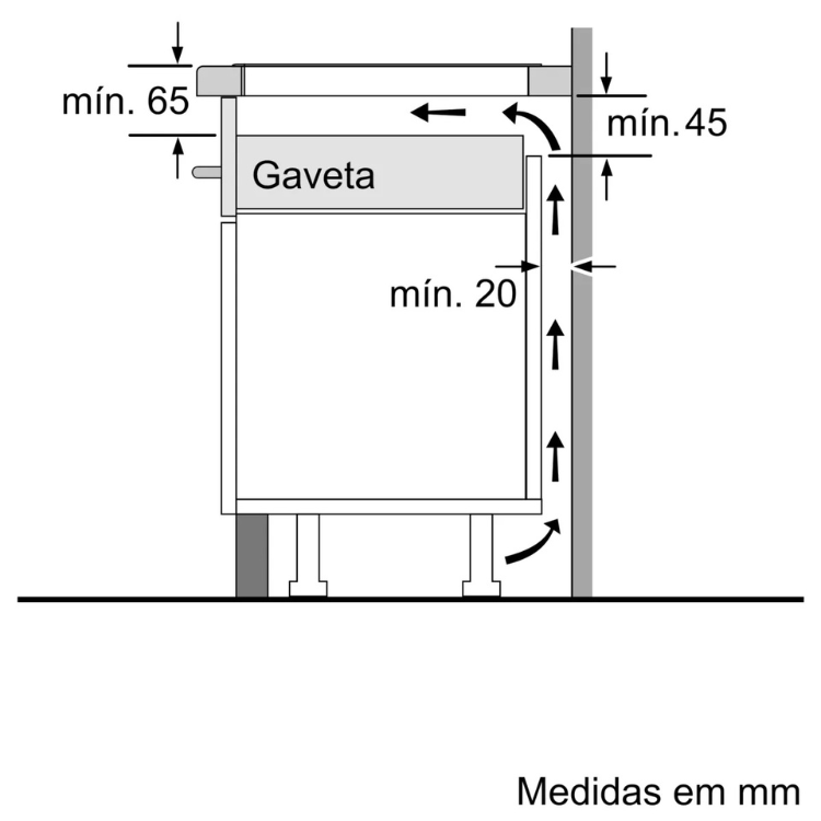 Bosch Serie 4 induction hob installation diagram, 3 zones, 4600W, 60cm, with drawer space requirements.