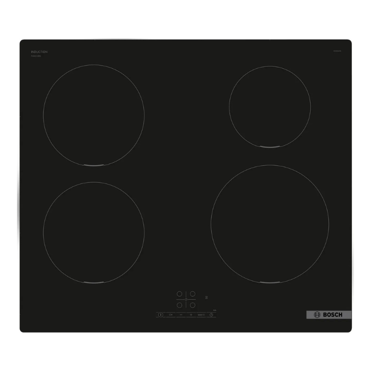 Black Bosch induction cooktop, 4 zones, control panel and logo visible.